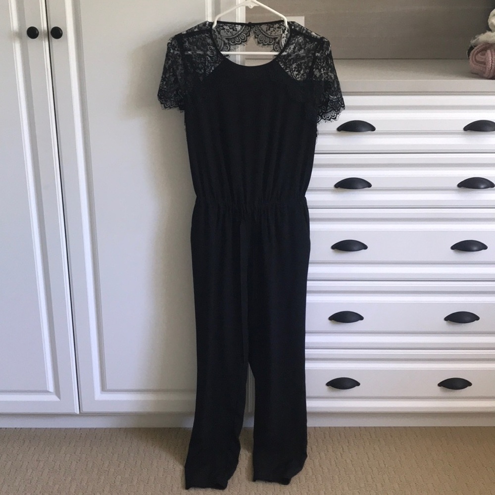 Loft Black Jumpsuit with Lace Detail & Tie Waist